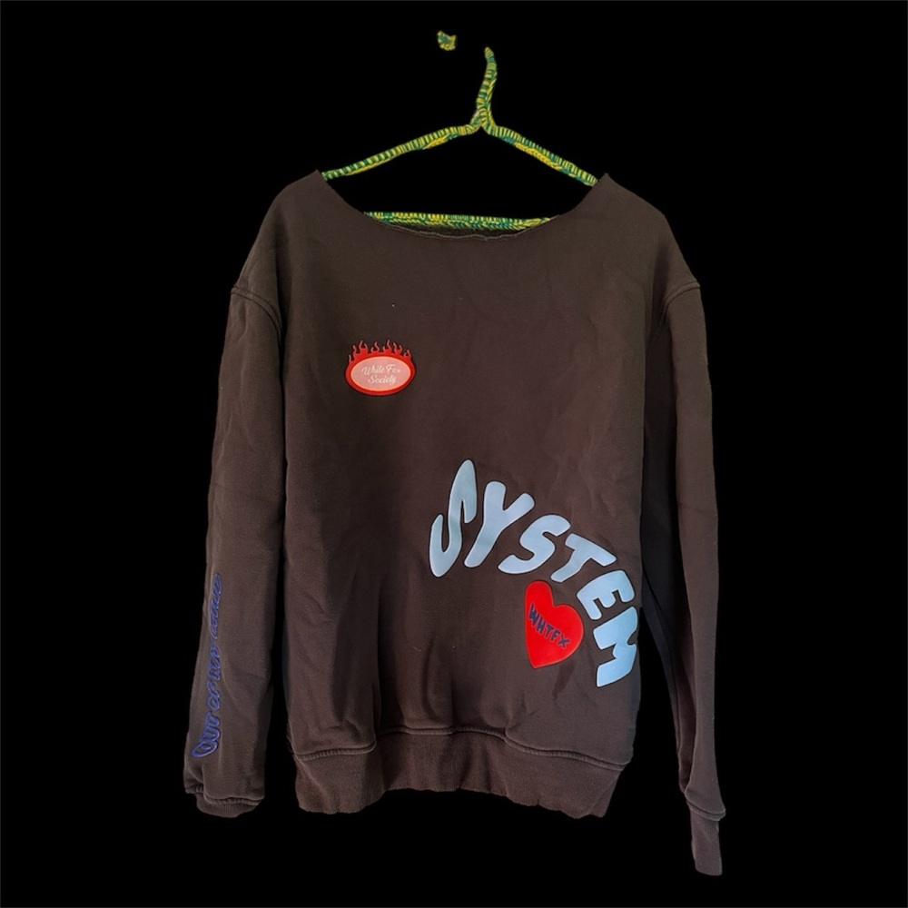 White Fox Boutique Brown Sweatshirt with Red and Blue Accents